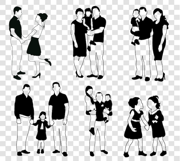 Black Silhouette of happy couple and family with children's family isolated on transparent grid