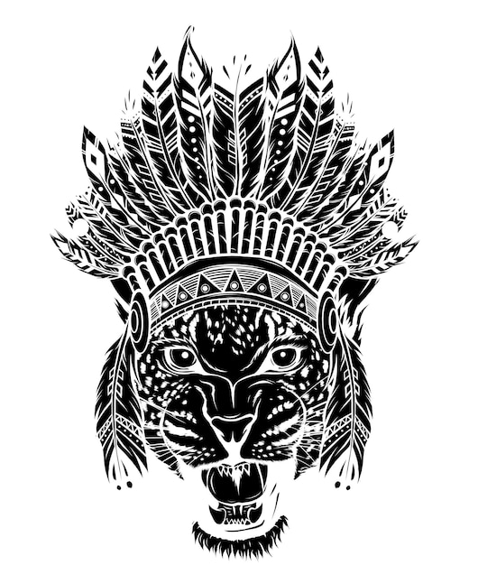 Vector black silhouette of head leopard feathers