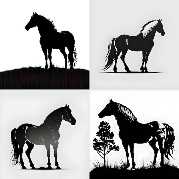 Vector black silhouette of horses on white background