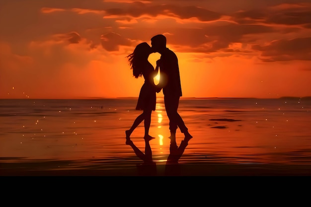 Vector black silhouette of a kissing couple on sunset background