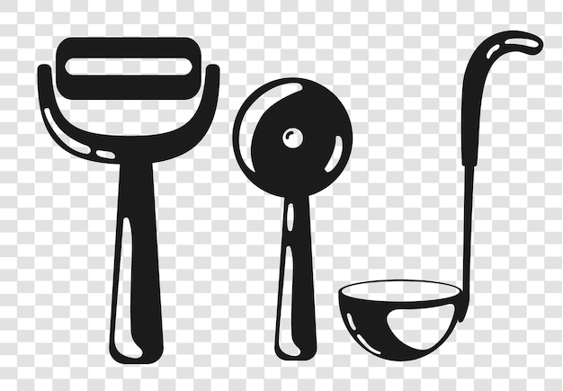 Black Silhouette of kitchen utensils isolated on transparent grid background