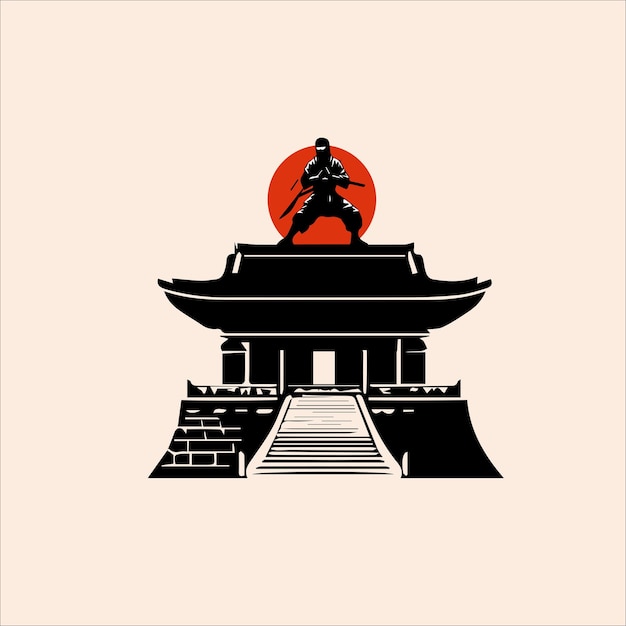 Vettore silhouette nera di un maestro di kung fu in piedi di fronte all'antico tempio