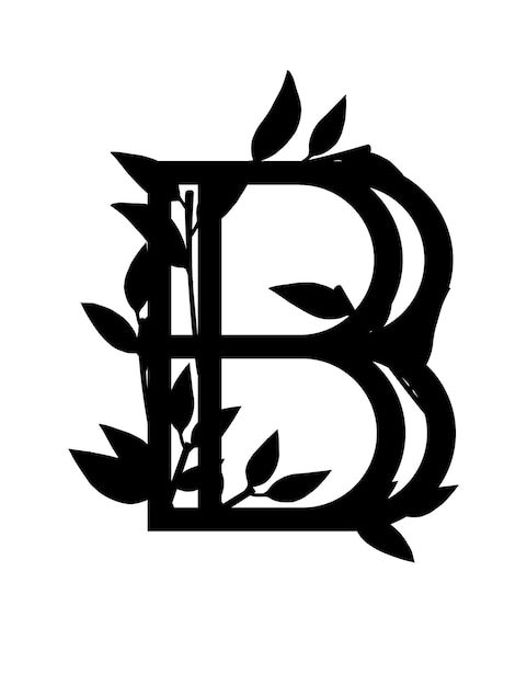 Vector black silhouette letter b with covered leaves eco font flat vector illustration isolated on white background