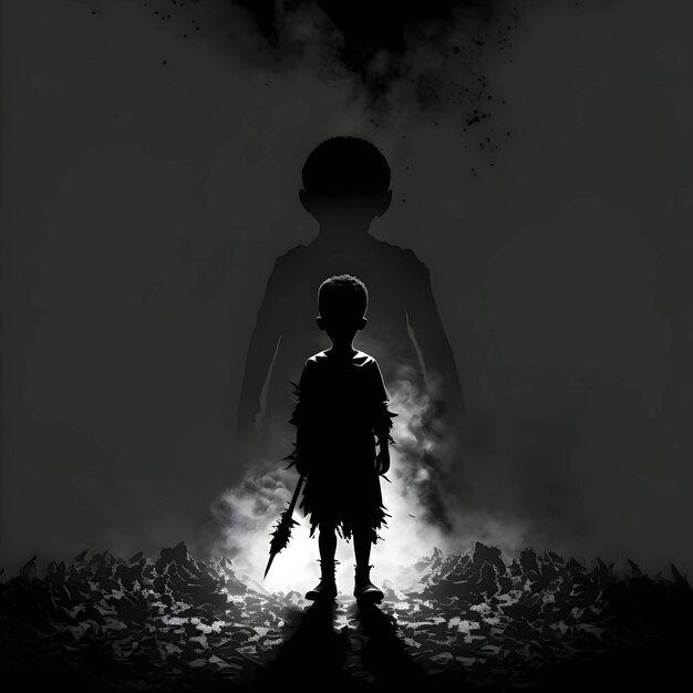 Vector black silhouette of a lonely boy on dark background