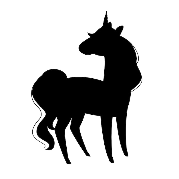 Black silhouette magic mythical animal from fairy tale unicorn cartoon design vector illustration