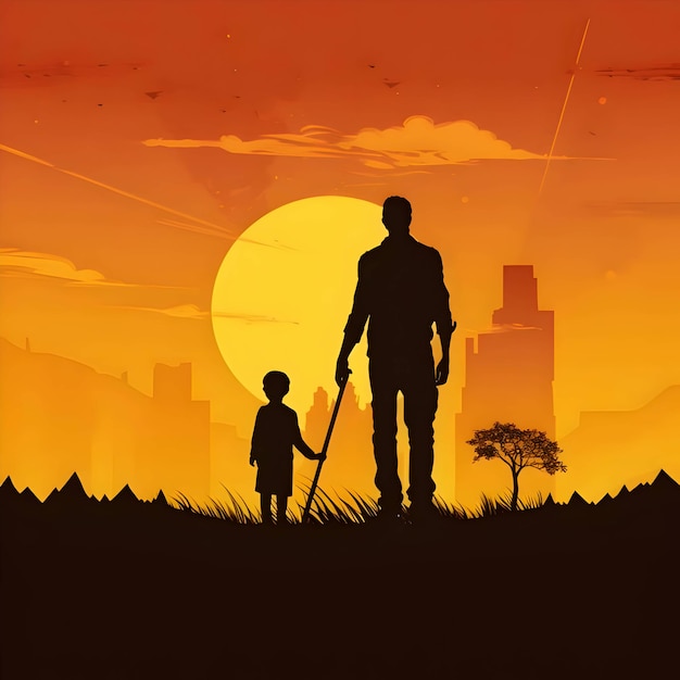 Black silhouette of man and boy on sunset background