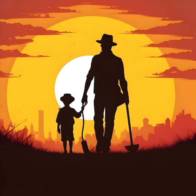 Black silhouette of man and boy on sunset background
