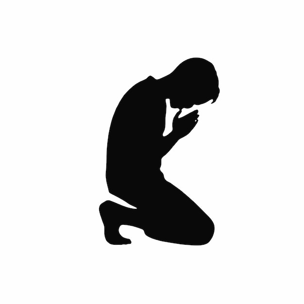 a black silhouette of a man kneeling in front of a white background