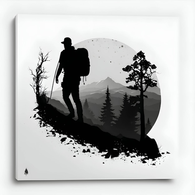 Black silhouette of a man walking on the mountains on white background