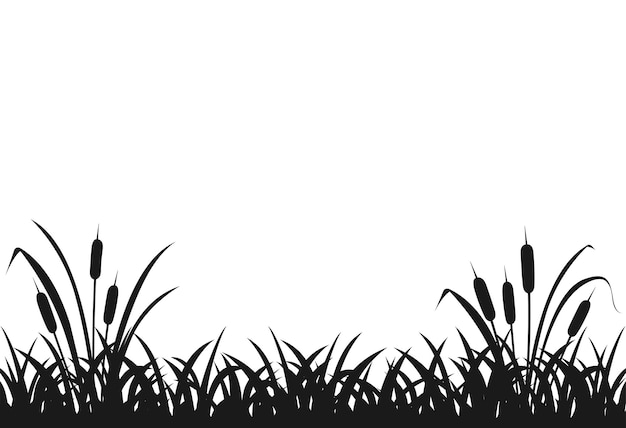 Vector black silhouette of marsh grass, lake reeds, seamless grass.