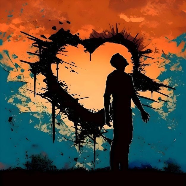 Black silhouette of a men on heart in background