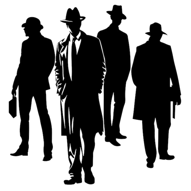 A black silhouette of men with hats and a hat.