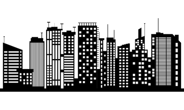 black silhouette of modern city on white background