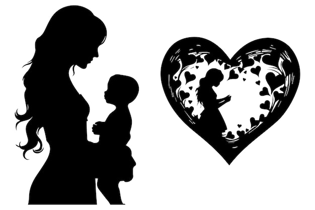Vector black silhouette mom and baby daughter love shape white background