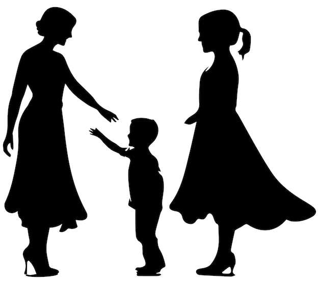 Vector black silhouette mom and son playing