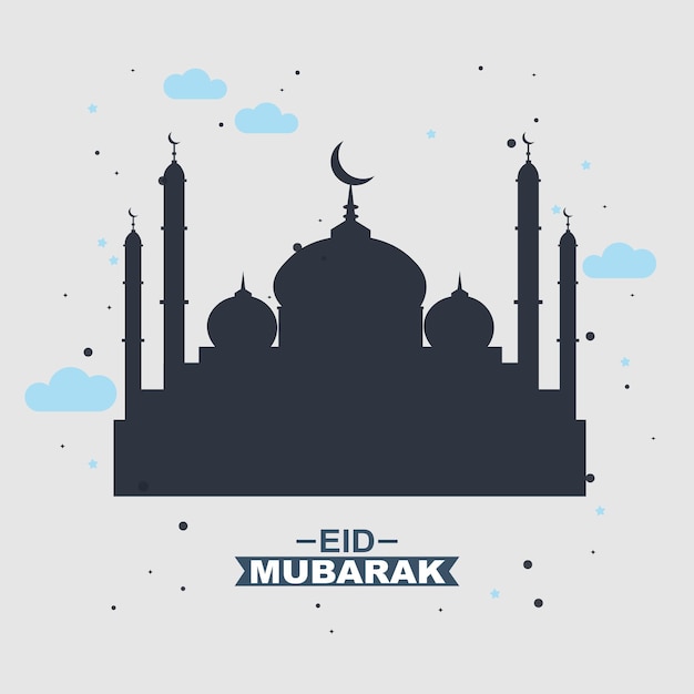 Black silhouette of a mosque with a blue background and the text eid mubarak.