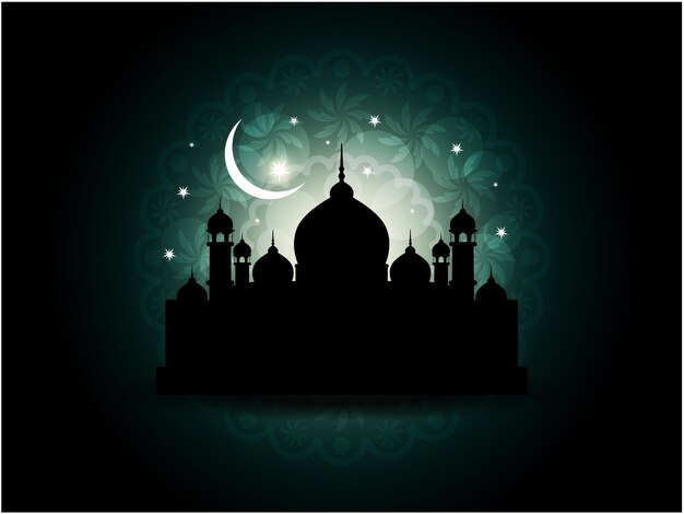 A black silhouette of a mosque with a star and the moon in the background.