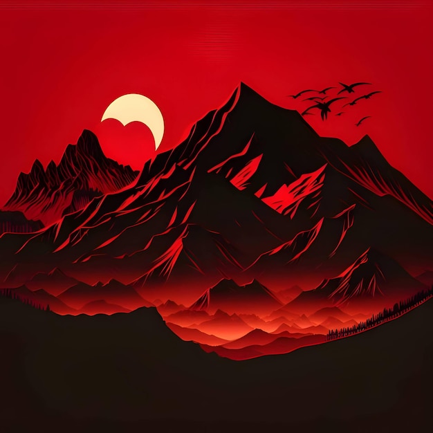 Черный силуэт гор на красном фоне