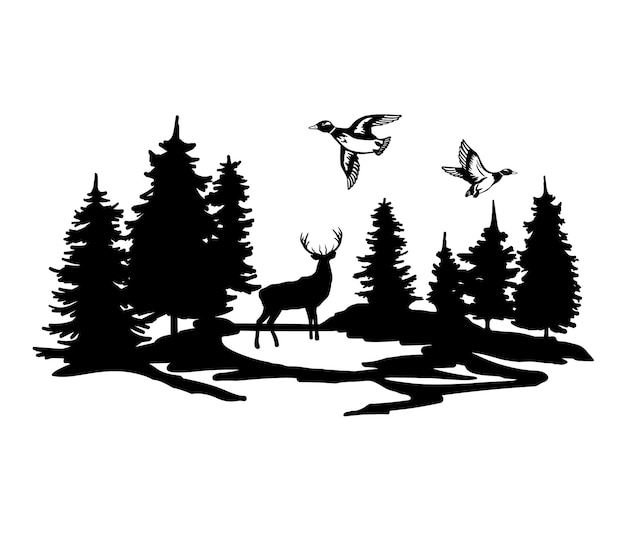 Черный силуэт оленя, стоящего среди деревьев и уток векторная иллюстрация леса с сосной знак охоты на оленя изолирован на белом