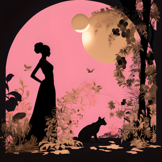 ピンクの背景に自然の中の女性と猫の黒いシルエット