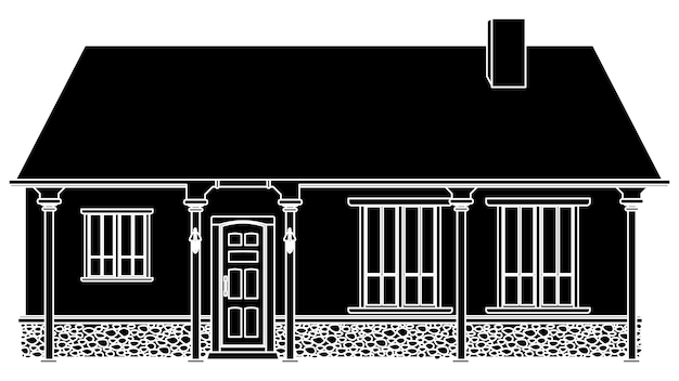 Black silhouette of onestory house with porch and canopy isolated on white background Vector clipart