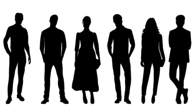 Black silhouette people stand vector, isolated