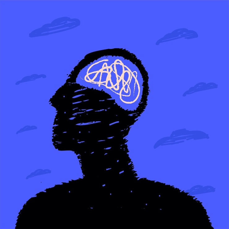 Vector a black silhouette of a person's head with a tangled knot inside a metaphor for mental disorder dementia schizophrenia