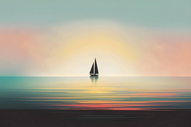 Vector black silhouette of a sailboat on sunset background