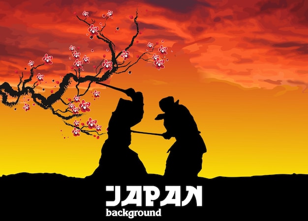 Black silhouette of Samurai with the sword on hight sky background Vector illustration