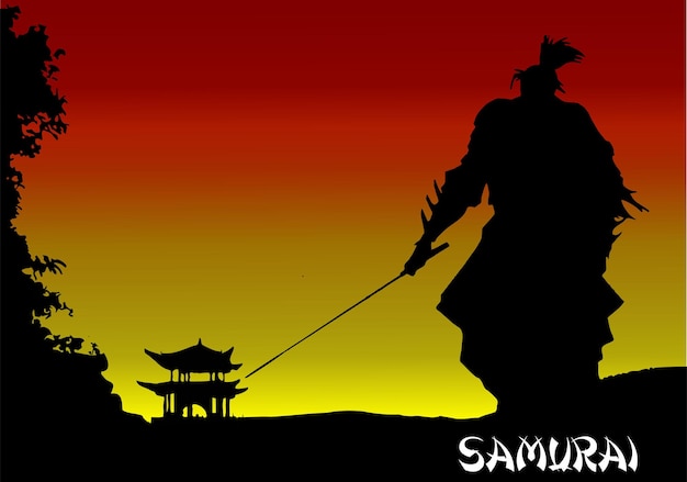 Black silhouette of Samurai with the sword on hight sky background