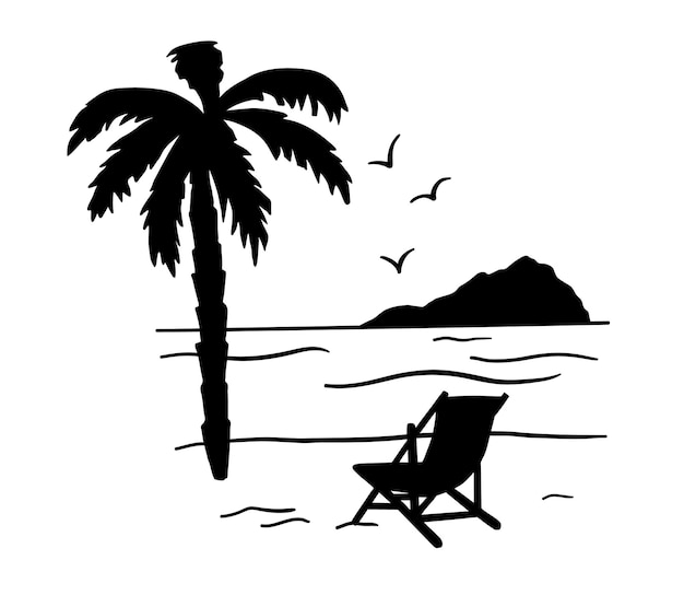 Black silhouette of sea coast with palm trees chair and seagulls Vacation on ocean summer seaside resort Vector illustration of isolated on white