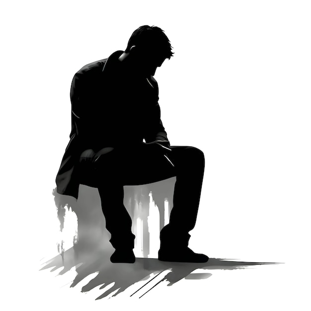 Black silhouette of a seated man on white background