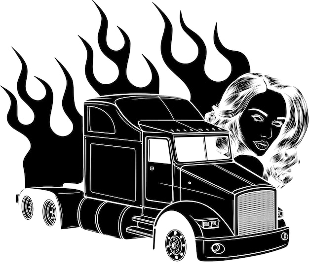 Vector black silhouette of semi truck with head woman anf flames vector illustration