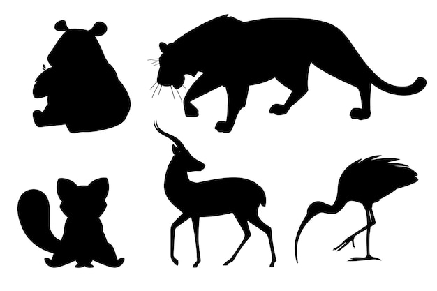 Black silhouette set of different animals cartoon design flat vector illustration isolated on white background cute wild animal.