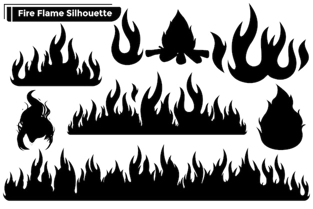 Vector black silhouette set of fire flame on white background