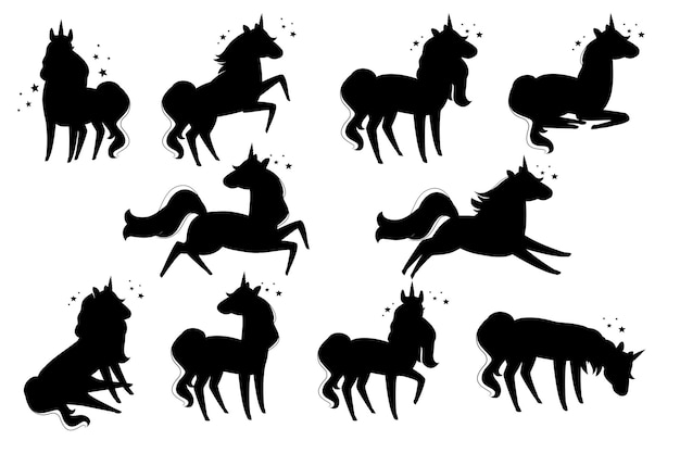 Black silhouette set of magic mythical animal from fairy tale unicorn cartoon animal design