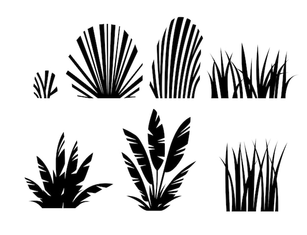 Черный силуэт набор травы и кустов современный дизайн листвы для сада или общественного парка украшения плоских векторных иллюстраций, изолированных на белом фоне.