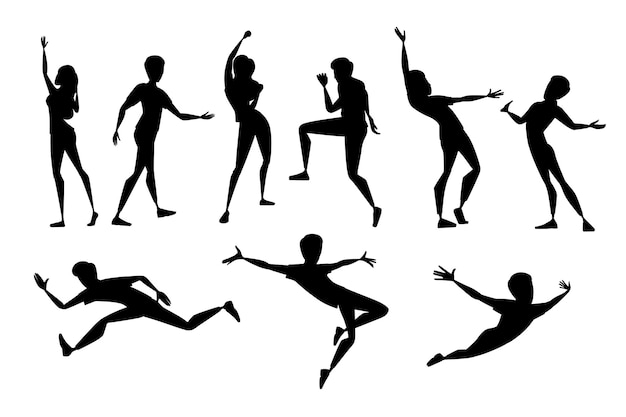 black silhouette set of people in different poses wearing casual clothes cartoon character design flat vector illustration isolated on white background.
