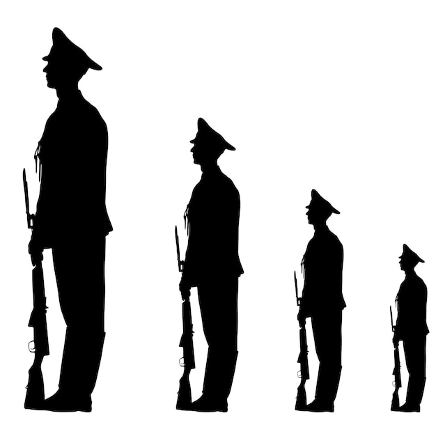 Black silhouette soldier is marching with arms on parade