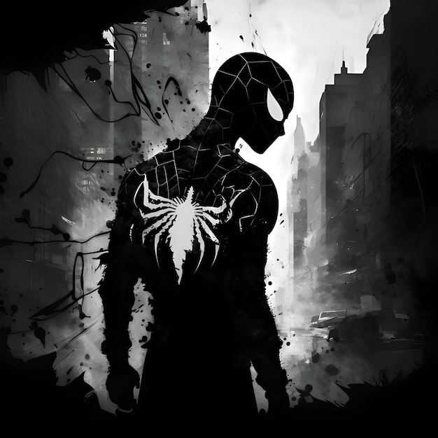 Black silhouette of a spider man on white background