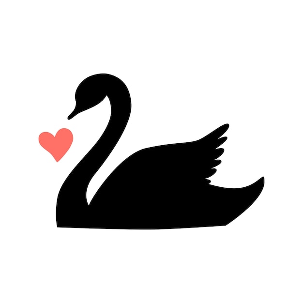 Vector black silhouette swan largest flying bird swim on water cartoon animal design flat vector illustration isolated on white background