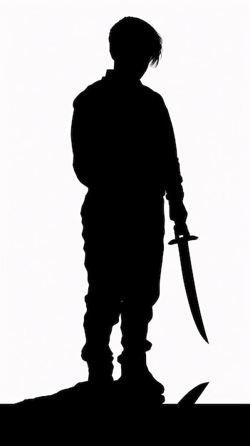 Vector black silhouette tattoo of a boy with a sword on white isolated background vector