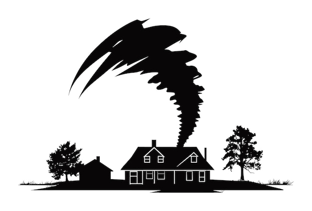 Vector black silhouette of a tornado touching down near a house with trees weather disaster and home danger