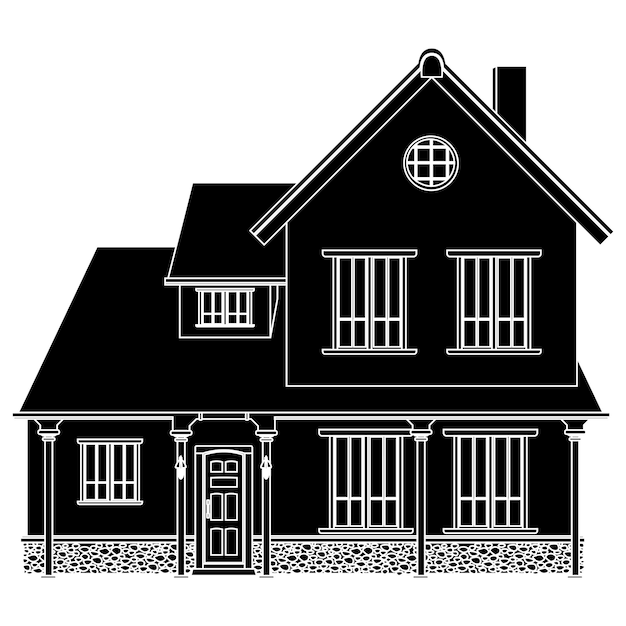 Black silhouette of twostory house with porch isolated on white background Vector clipart