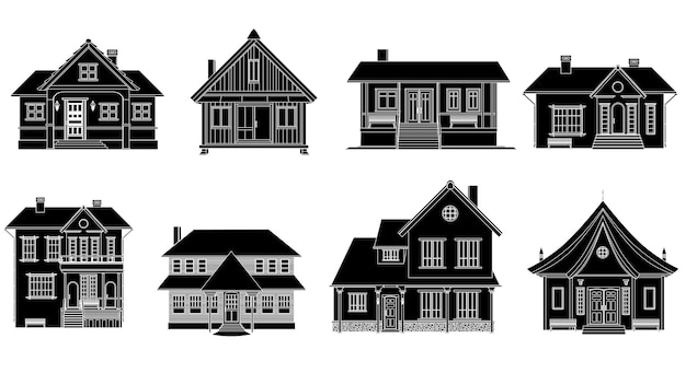 Silhouette nera di una casa a due piani con portico isolato su sfondo bianco vector clipart
