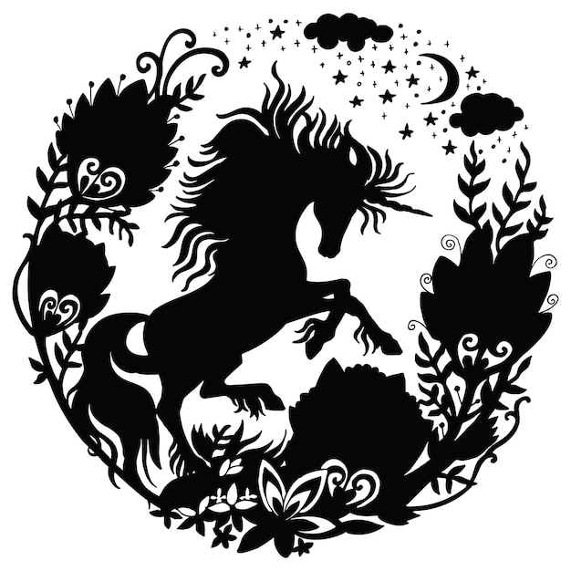 Black silhouette unicorn and flowers