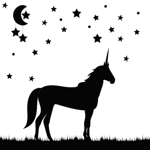 Black silhouette of unicorn, moon and stars