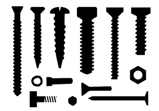 Vector black silhouette of wall plugs bolts nuts and screws