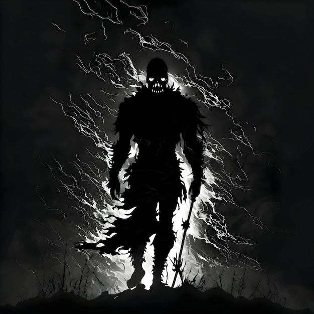 Black silhouette of a warrior on dark background