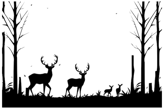 Vector black silhouette of wild forest woods animals deer and forest fir spruce trees